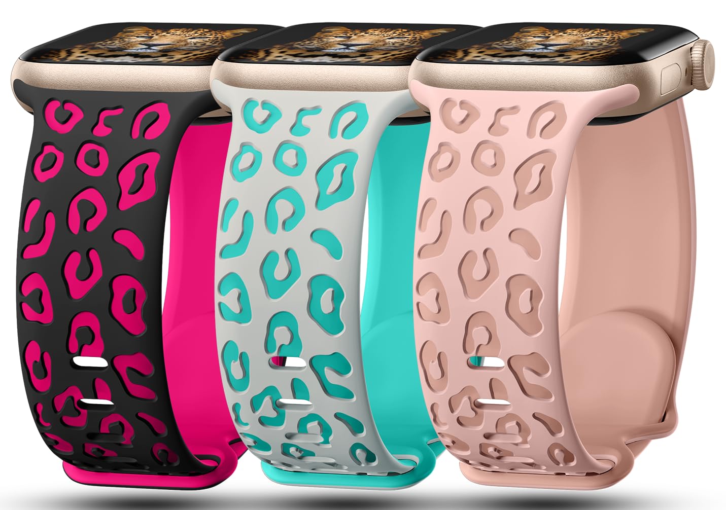 Photo 1 of 3 Pack Leopard Engraved Bands Compatible with Apple Watch Band 42mm 44mm 45mm 46mm 49mm Women, Soft Silicone Cheetah Embossed Sport Strap for iWatch Series 10 9 8 7 6 5 4 3 2 1 Ultra.BKHP-GRTL-PK