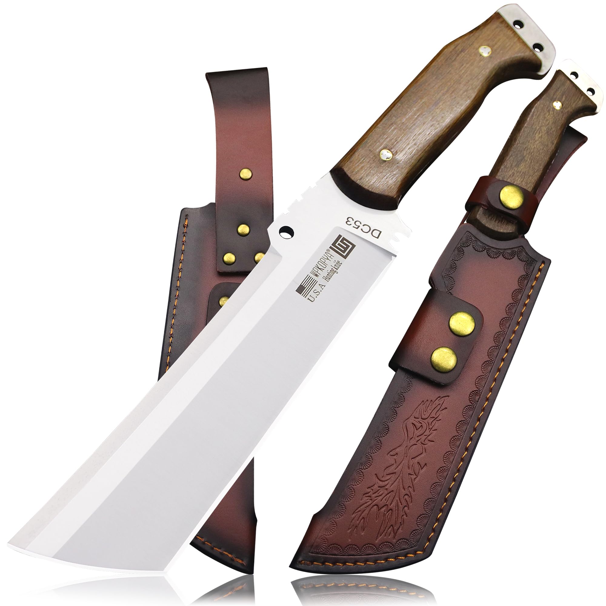 Photo 1 of WPKOPYA Fixed Blade Outdoor Knife with Leather Sheath, DC53 Steel Full Tang, 6.6” Sharp Blade, Wooden Handle, 13.6” Tactical Survival Knife for Camping, Hiking, Bushcraft, Cooking & Utility Use