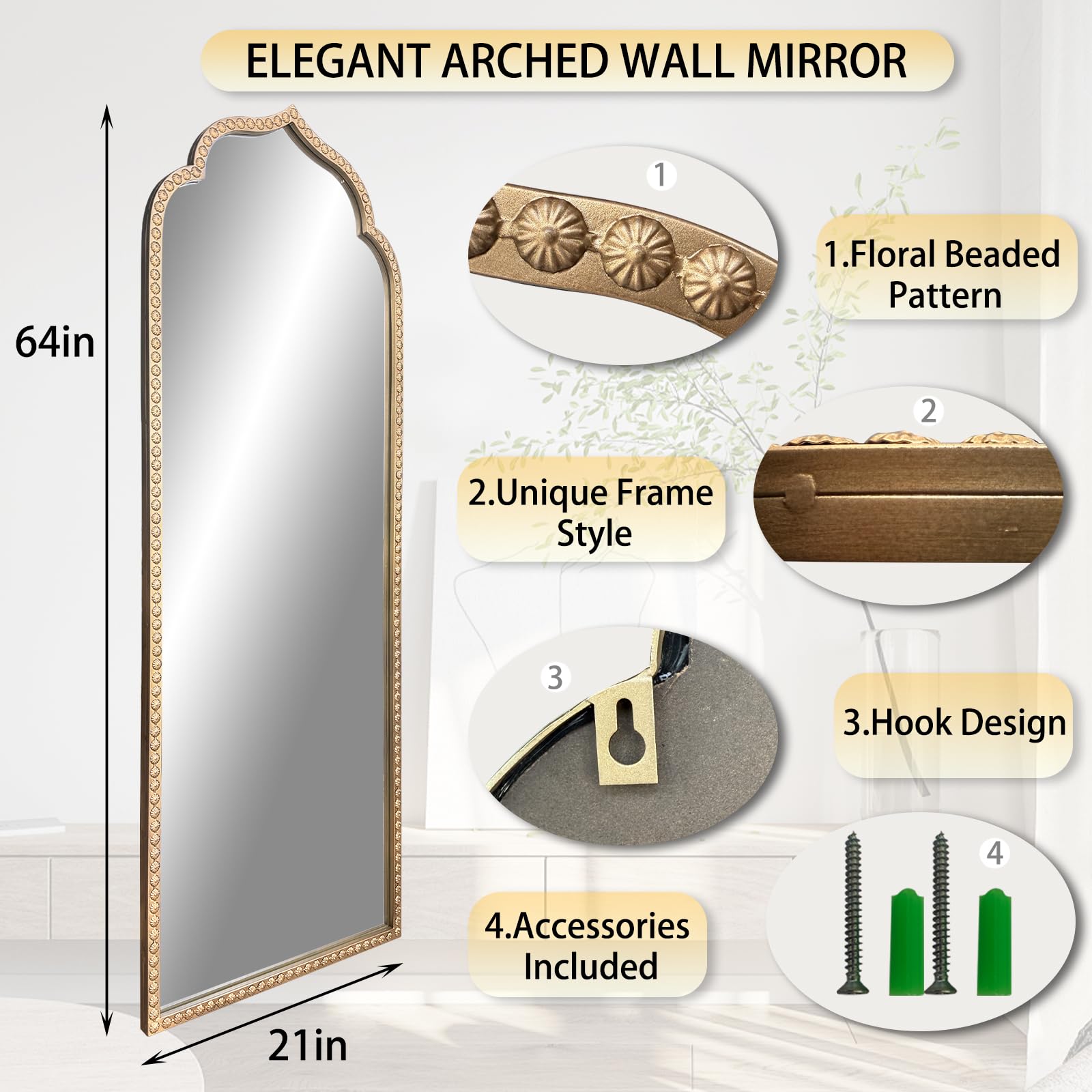 DAOYIJIAJU Large Gold Arched Mirror, 21