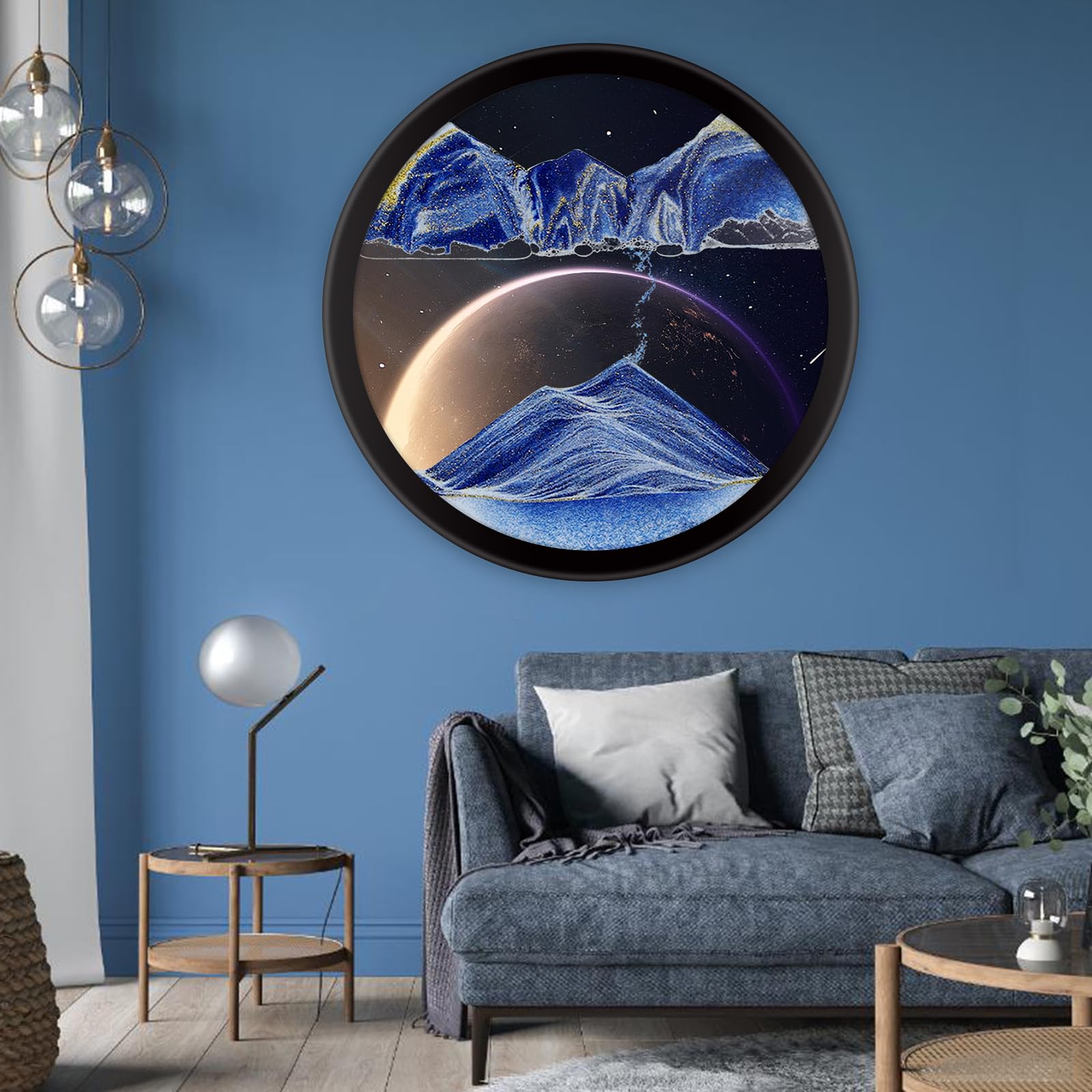 OLYWEI 11.4" Moving Sand, 3D Sand Art Pictures Deep Sea Sandscape Living Room Decoration, 360° Rotate, Glass Crafts Solid Wood Frame, Relaxing Mood Home Office Work Wall Art Decor（Blue）