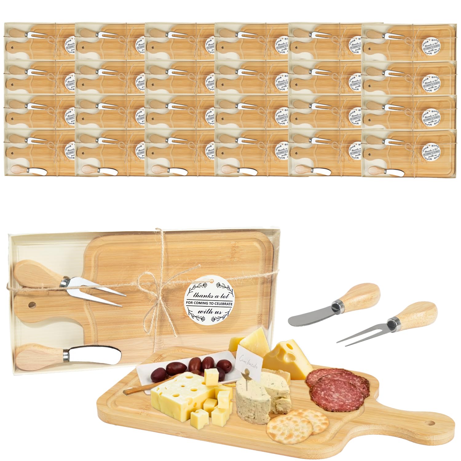 Photo 1 of ***ONLY 1 SET**** 24 Pcs Bridal Shower Baby Prizes Cheese Board Set, 11.8 inch Bamboo Wooden Square Cheese Board Gift Set Knives Forks Bulk Thank You Tags with Bridal Shower Gift Box for Guests Wedding Party