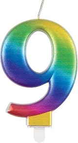 Unique Metallic Rainbow Number 9 Birthday Candle 3D Topper