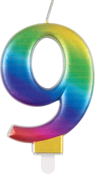 Unique Metallic Rainbow Number 9 Birthday Candle 3D Topper