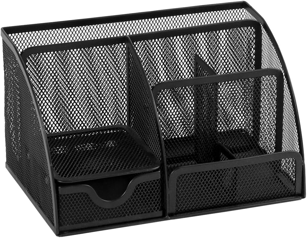 Osco Small Wiremesh Desk Organiser 6 Compartments 1 Drawer Black