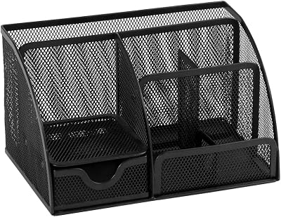 Osco Small Wiremesh Desk Organiser 6 Compartments 1 Drawer Black