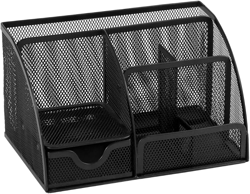 Osco Small Wiremesh Desk Organiser 6 Compartments 1 Drawer Black