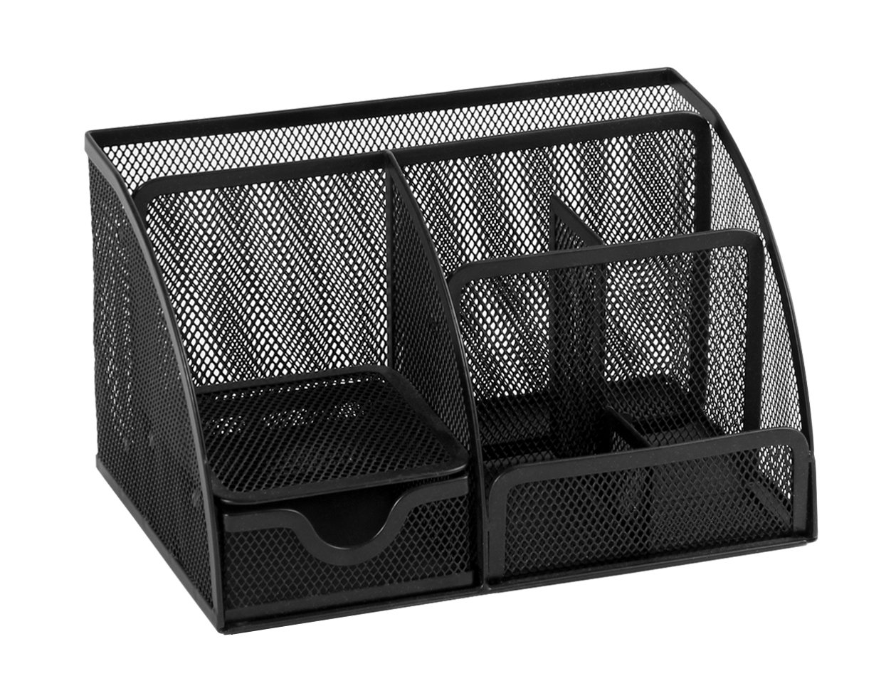 Osco Small Wiremesh Desk Organiser, Metal Mesh Pen Pot Desk Tidy with 6 Compartments & Single Drawer, Desktop Stationery Storage for Office & Home, Black