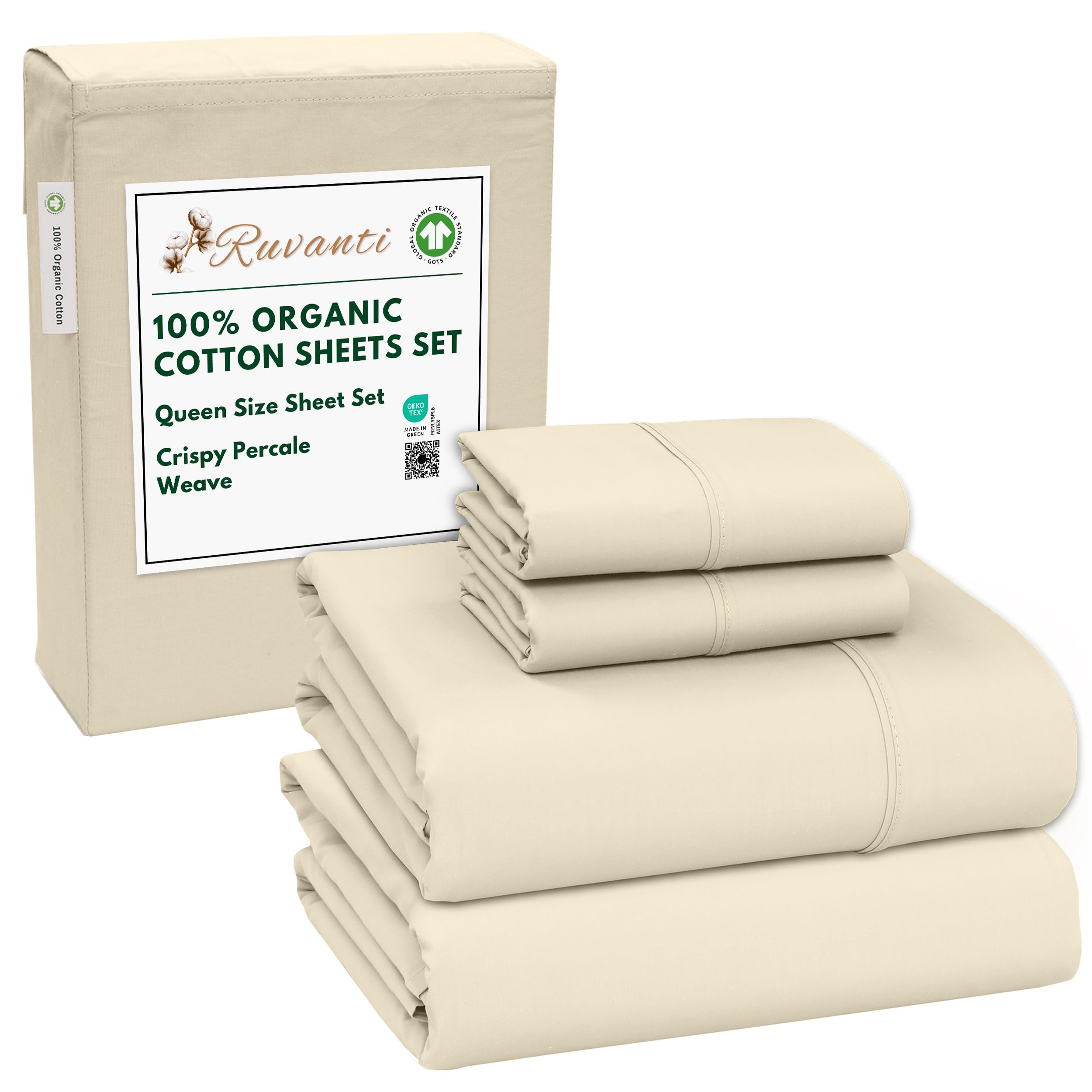 Photo 1 of RUVANTI 100% Organic Cotton Sheets Queen Size, Percale Weave, GOTS Certified, 4-Piece Set, Deep Pocket 15", Crisp & Breathable, Soft Durable Bedding, Sábanas Algodón Orgánico – Cloud Cream