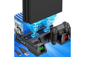 KAWAYE PS4 Cooling Fan with Controller Charger Compatible with Playstation 4/PS4 Slim/PS4 Pro, PS4 Stand Vertical Cooling Station for PS4 Accessories,PS4 Pro Cooling Fan with Dual Charger & 12 Game Slots