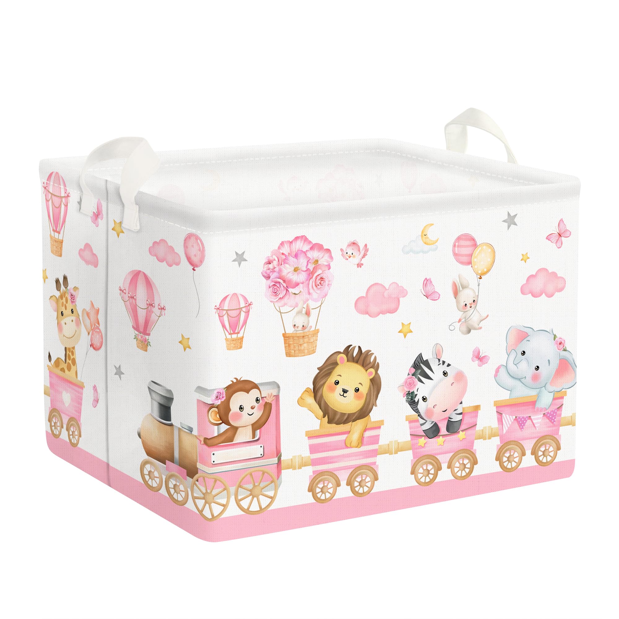 Clastyle 36L Large Pink Train Flower Animal Shelf Basket with Handle Collapsible Rectangle Monkey Toy Clothes Cube Storage Basket for Kids Room