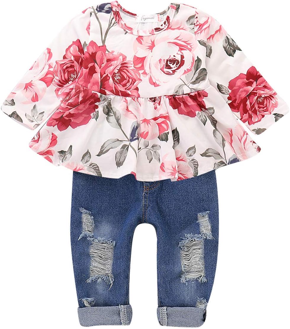 WESIDOM Baby Girl Outfits Clothes,Toddler Kid Ruffle Floral Top and Jeans Pants Set (Pink, Small)
