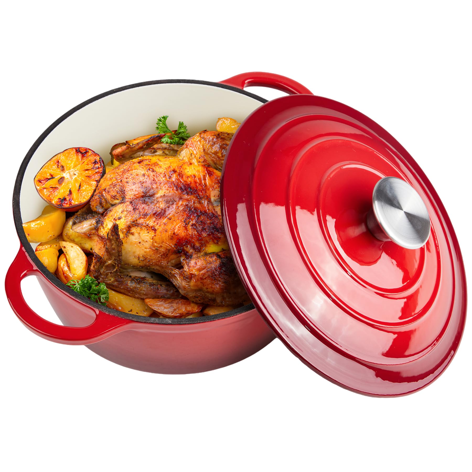 Photo 1 of 3 Quart Dutch Oven Enameled Cast Iron with Lid - Big Dual Handles - Oven Safe up to 500°F - Classic Round Pot for Versatile Cooking Red