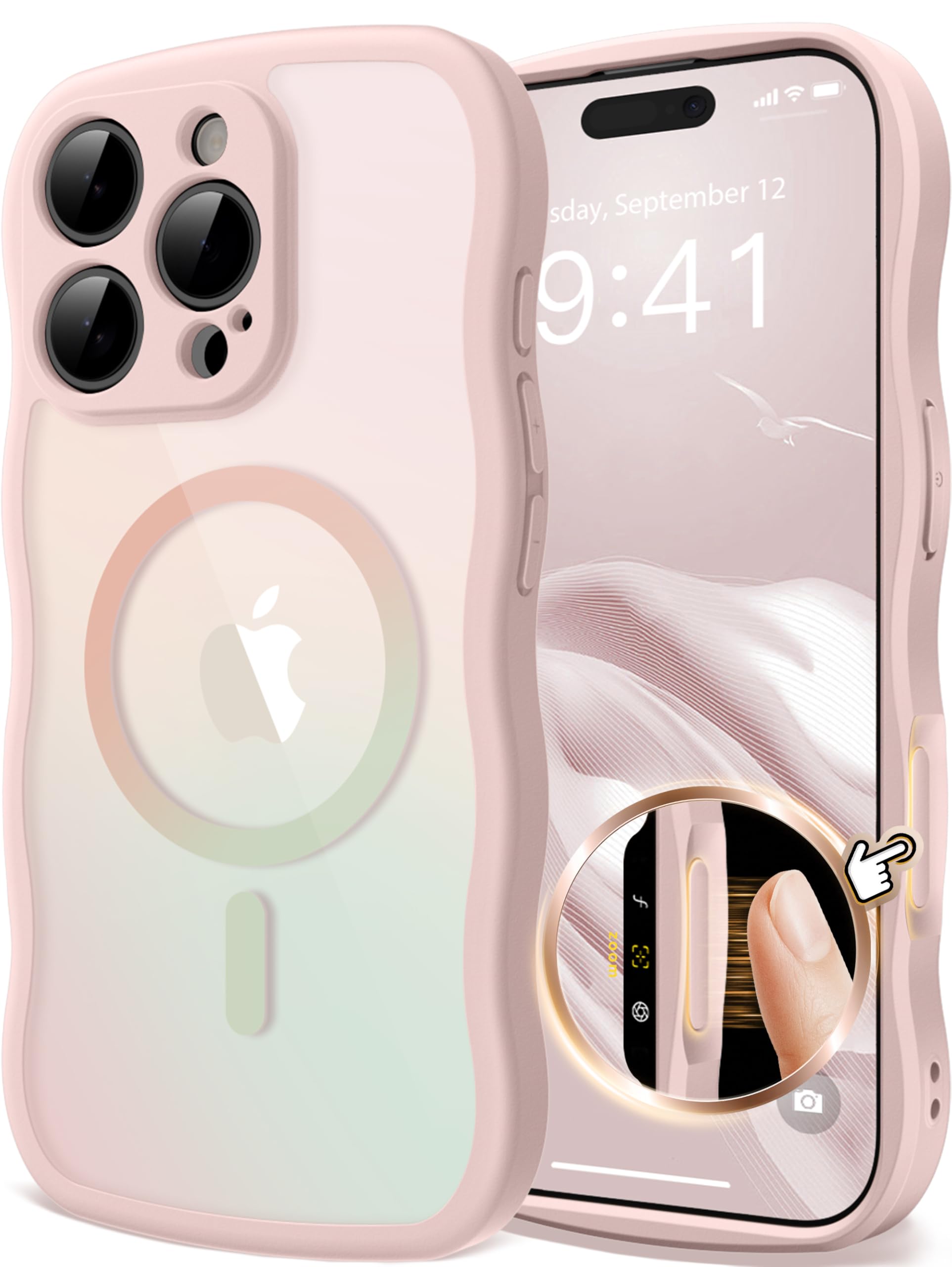 GVIEWIN for iPhone 16 Pro Case Compatible with Magsafe, [Full Camera Protection] [Not Yellowing] Wavy Frame Shockproof Gradient Glitter slim Women Phone Cover with Camera Control, Gradient Pink Orange