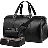 3-in-1 Leather Duffle Bag with Toiletry and Shoe Compartment, Weekender Overnight Gym Bag for Men and Women, Carry On Fits Most 15.6 Inch Laptops(Black)