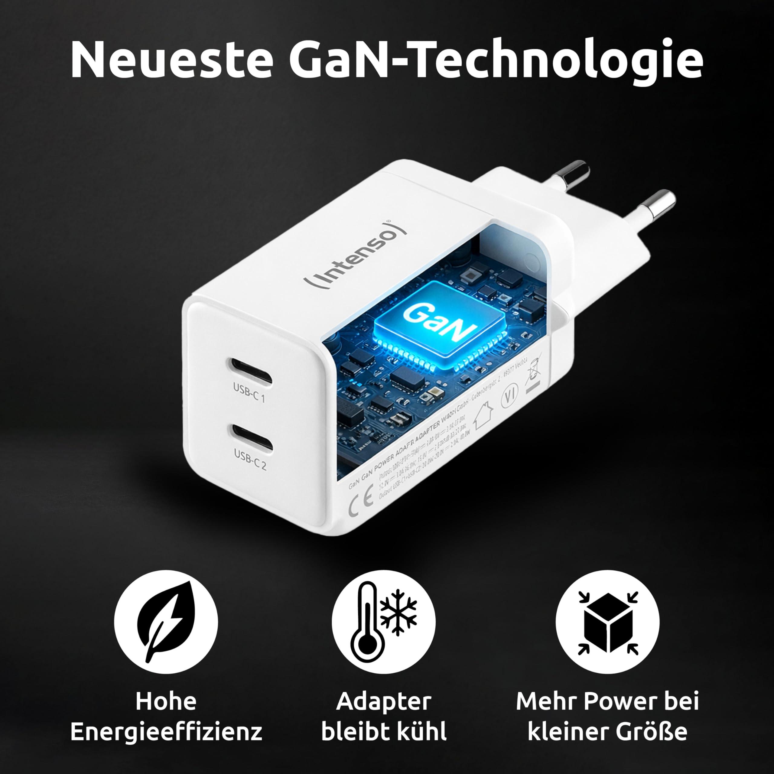 Intenso Power Adapter W40CC GaN, USB-C Netzteil mit 2 USB-C Anschlüssen, 40 Watt und GaN-Technologie für Smartphone, Laptop und mehr, weiß 5