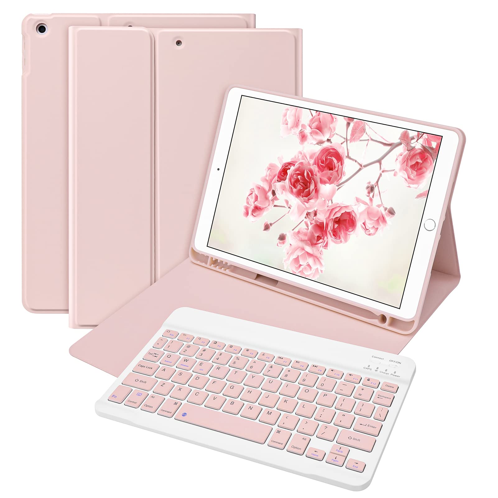 Bettdow for iPad 9th Generation 2021 Keyboard Case, Detachable Wireless Keyboard, Case with Pencil Holder for iPad 9th Gen 2021/8th Gen 2020/7th Gen 2019 10.2 Inch (Pink)