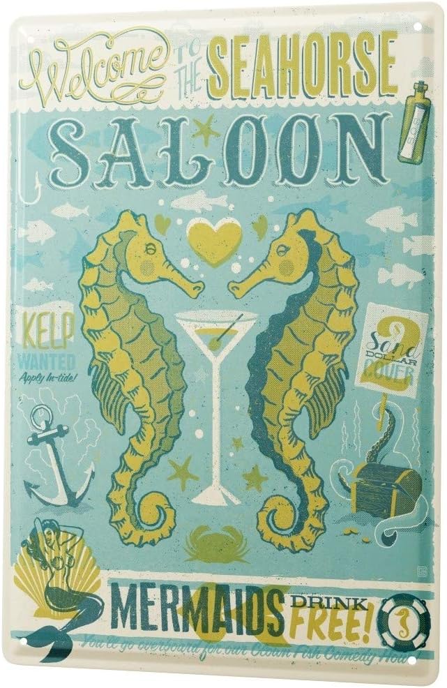 LEotiE SINCE 2004 Fun Tin Sign Metal Plate Decorative Sign Home Decor Plaques Wall Decoration Seahorse Saloon Metal Plate 8X12