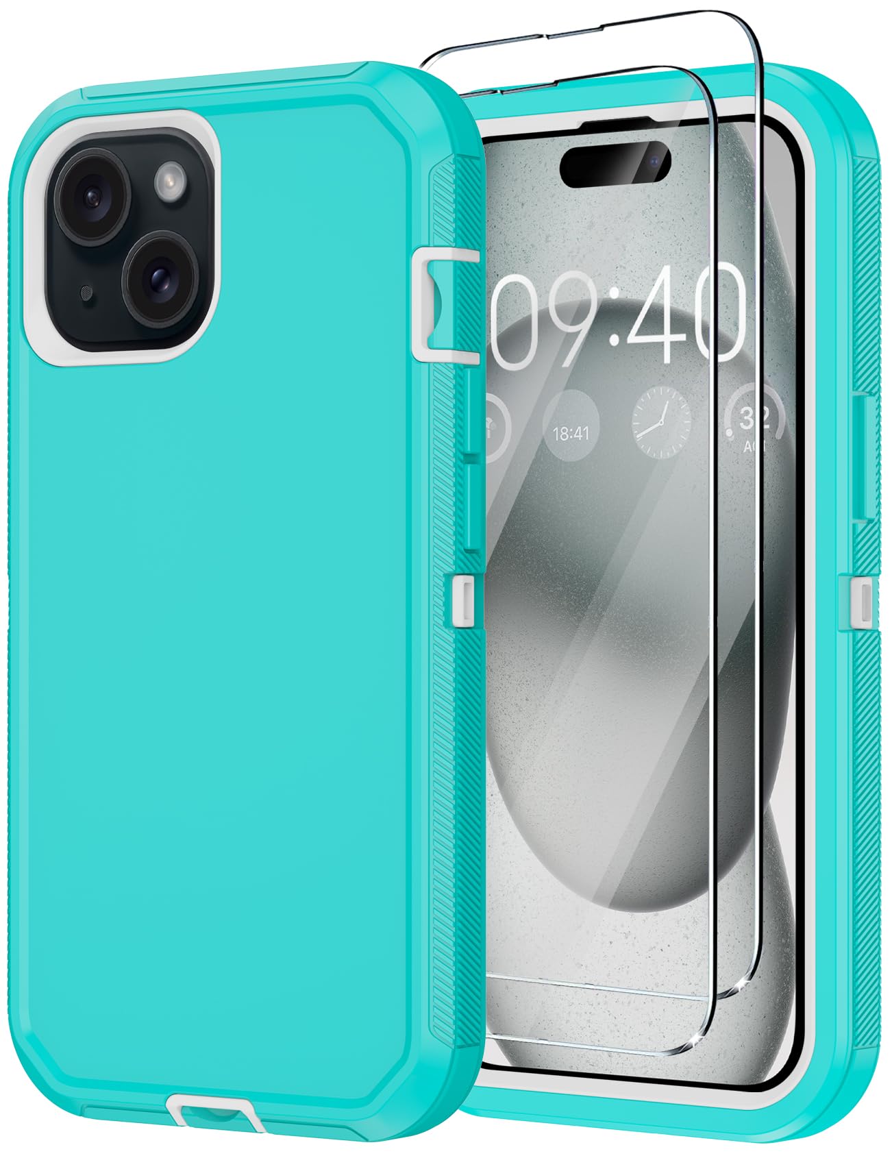 Annymall for iPhone 15 Case with 2 Screen Protector,Shockproof Drop Protection Full Body Heavy Duty 3-Layer Military Rugged Durable Phone Cover for Apple iPhone 15 6.1" (Cyan)