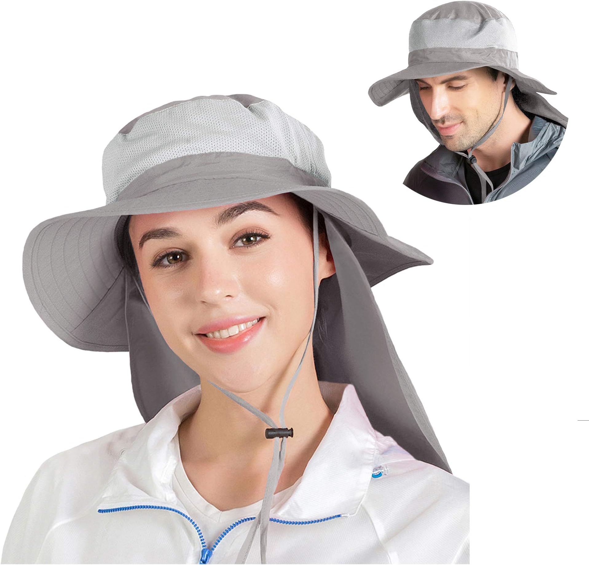 Unisex Wide Brim Sun Hat UPF50+ Sun Protection Fishing Hat Outdoor Bucket Hat with Neck Protector Flap Light Grey
