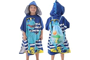 ARNUAETY Dinosaur Blue Beach Towel with Hood for Boys Girls, 59 x 29 Inch Microfiber Towel Hooded for Kids Quick Dry Bath Towel for Pool Swiming