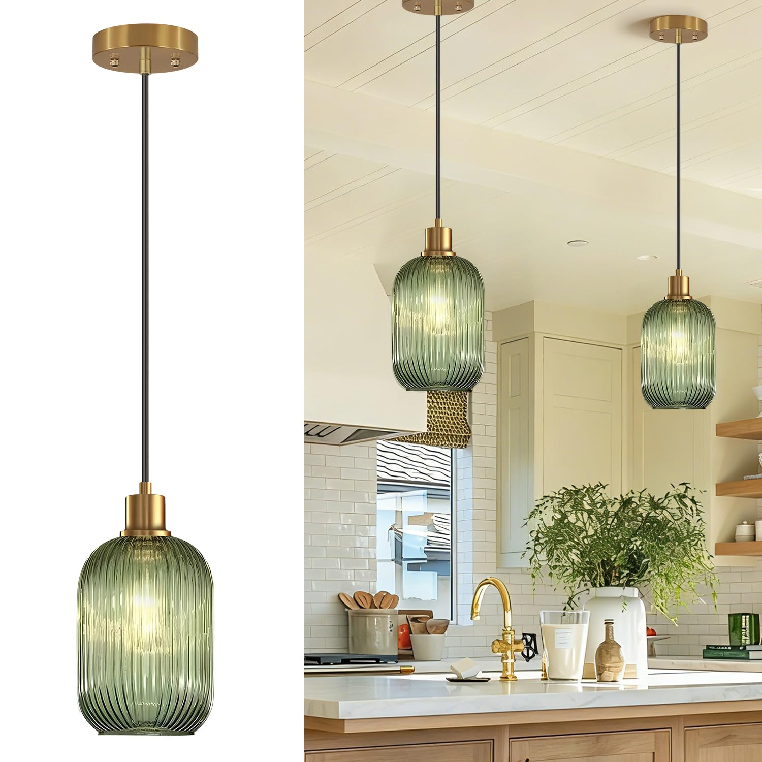 Photo 1 of 2 Pack Pendant Lights with Vintage Green Ribbed Glass Lampshade, Adjustable Brushed Gold Pendant Lights Fixtures for Kitchen Island Lighting Sink, Dining & Living Room Hallway (Bulbs Not Included)