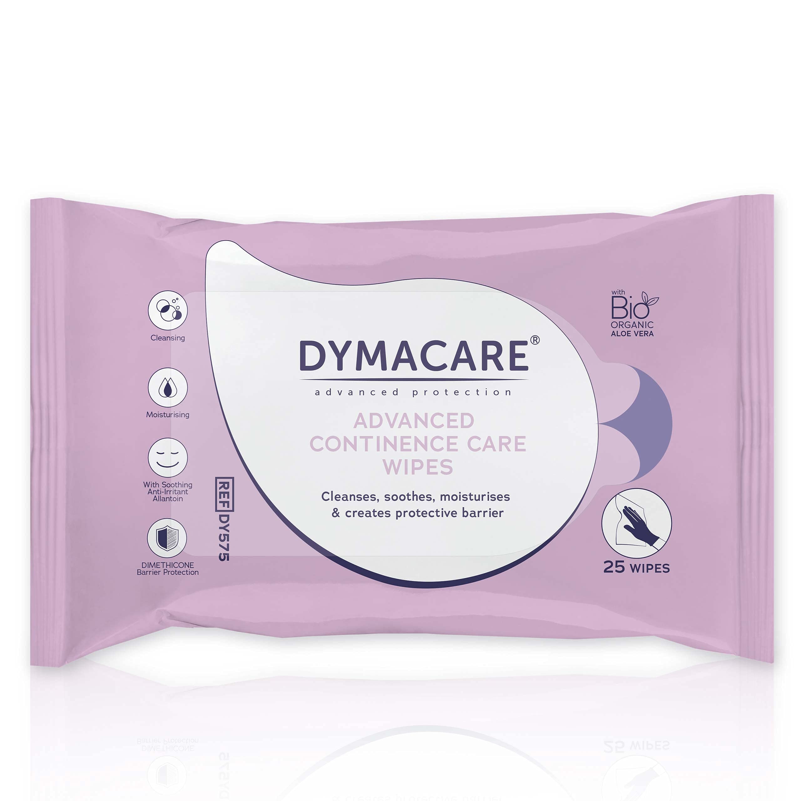 DYMACARE Advanced Continence Care Wipes | Adult Premium Disposable Incontinence Skin Cleansing Cloths with Barrier Cream & Aloe Vera | 1 Pack of 25 Wipes
