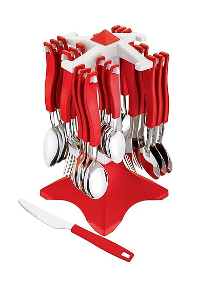 Ganesh Swastik Stainless Steel Cutlery Set, 26-Pieces, Red