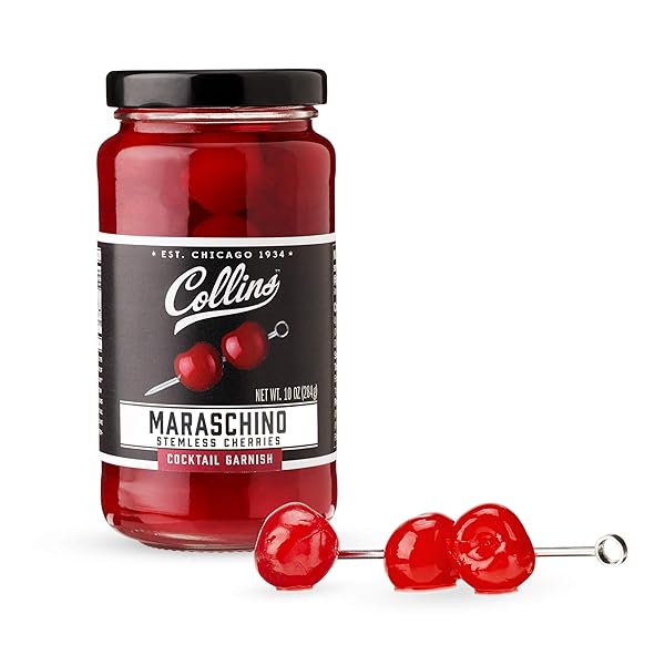 COLLINS STEMLESS MARASCHINO CHERRIES, GARNISH FOR COCKTAILS, DESSERTS, MANHATTANS, AND OLD FASHIONED, GOURMET SNACKING CHERRIES FOR HOME AND BAR, 10OZ