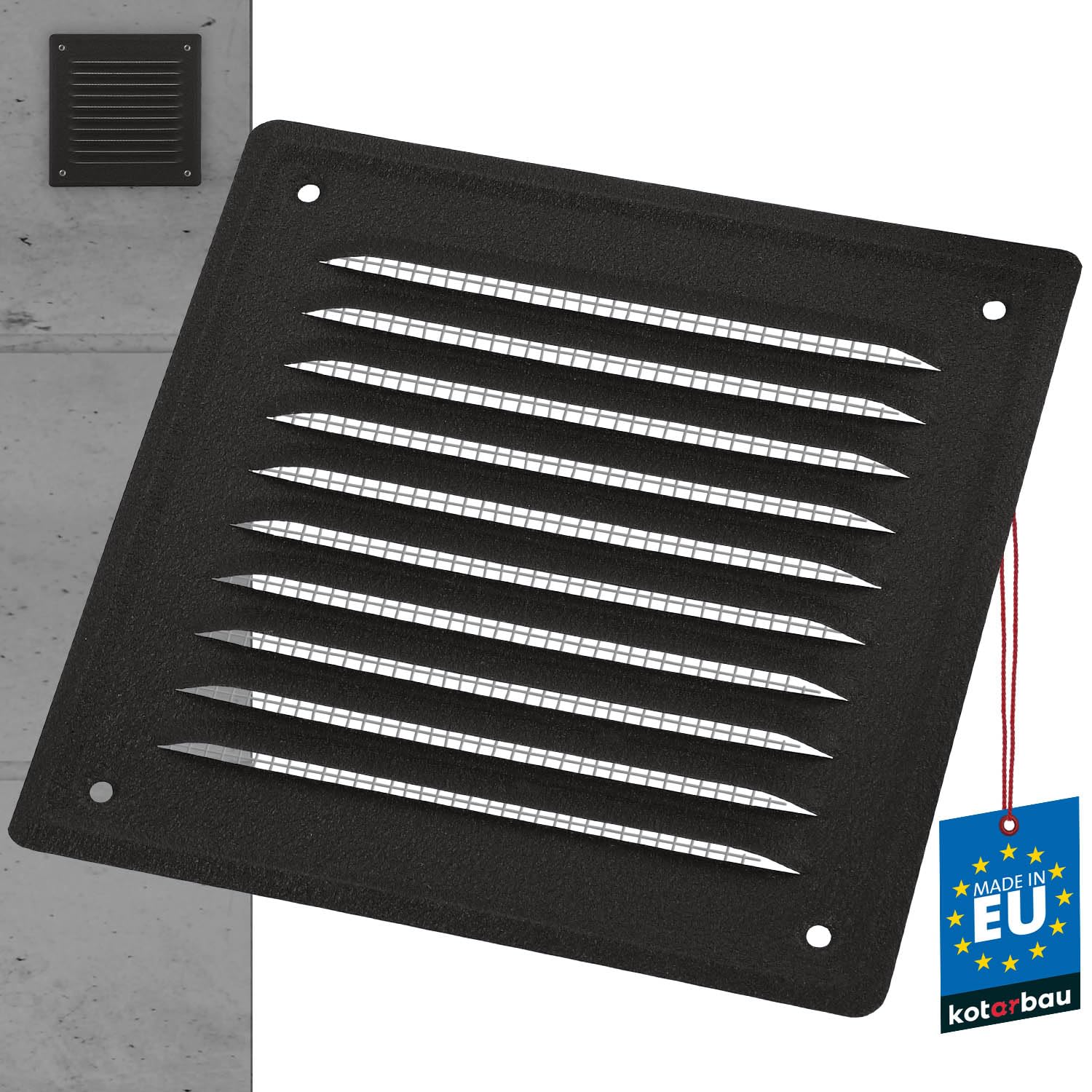 KOTARBAU® Vent Cover - Steel - 16.5x16.5 cm (6.5x6.5 inches) - Graphite - Air Vent Grill - with Insect Screen - for Wall Ventilation - Corrosion Resistant