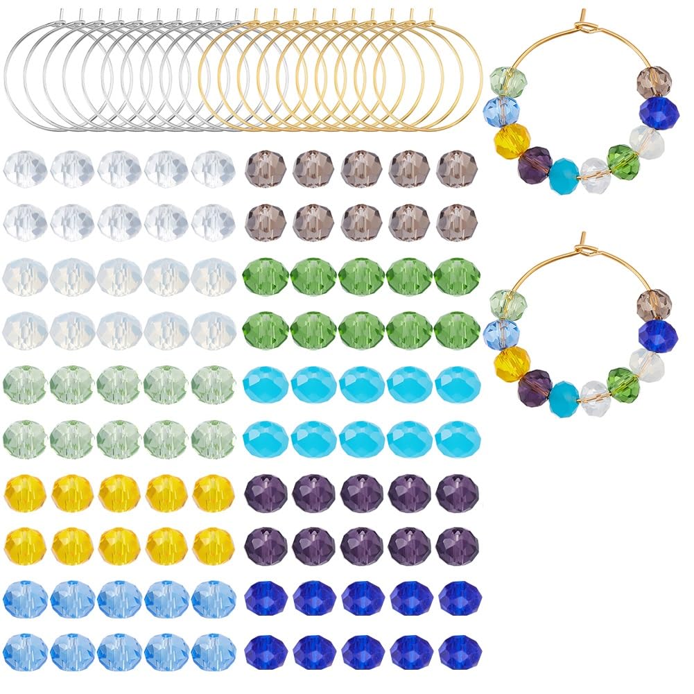 SUNNYCLUE 1 Box 220Pcs 10 Color Included 20Pcs Brass Wine Glass Charm Rings Glass Beads DIY Beaded Wine Tags Identification Making Kit Charm Markers for Drinks Bar Party Favors Tasting Decorations