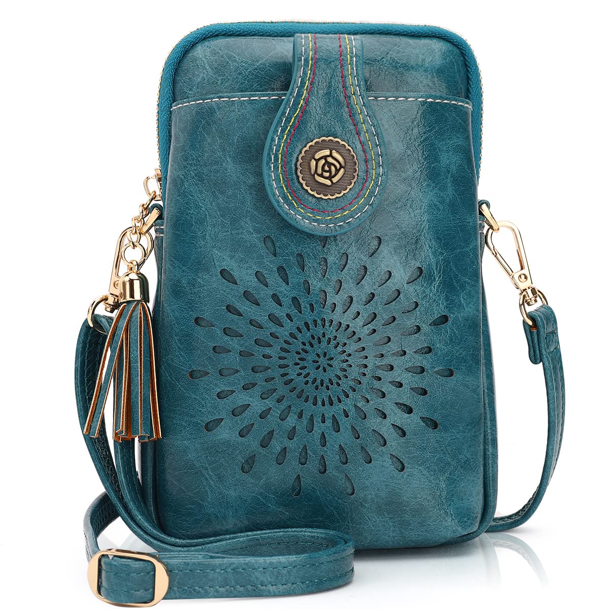 APHISON Designer Phone Bags for Women Crossbody, Sunflower Tassel Vegan Leather Small Crossbody Bags for Women fits Phone Up to 6.7 inches Peacock Blue