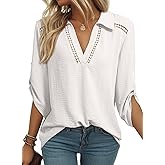 Dokotoo Womens Summer 2025 Dressy Casual Blouses V Neck 3/4 Sleeve Shirts Hollow Out Lace Collar Tunic Tops