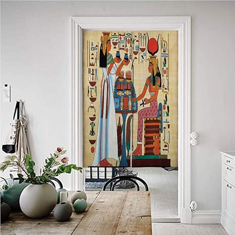 Amazon レトロ のれん おしゃれ 目隠し 幅72 X丈170 古代エジプトの歴史アンティークの巧妙なイラスト 暖簾 ロング 目隠し 部屋間仕切り リビング カーテン 多色の要素を持つパピルスデザイン のれん オンライン通販
