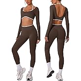 ABOCIW Workout Sets for Women Long Sleeve Crop Top Scrunch Butt Lifting High Waist Leggings 2 Piece Gym Yoga Outfits