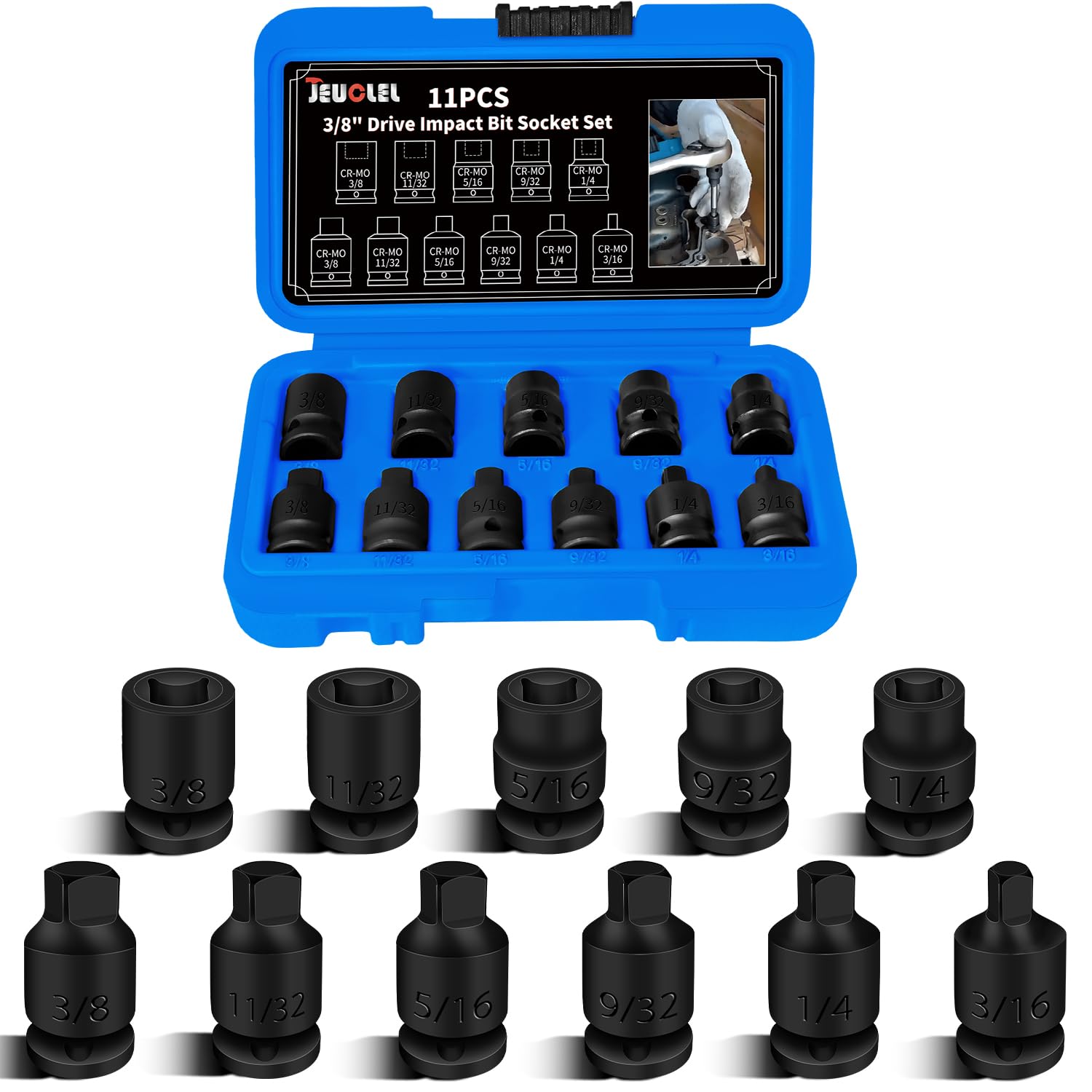 Photo 1 of ** MISSING 2**JEUCLEL 11PCS 3/8" Drive Impact Bits Sockets Set, Tapered Male Square Drive, Chamfered Female Square Drive