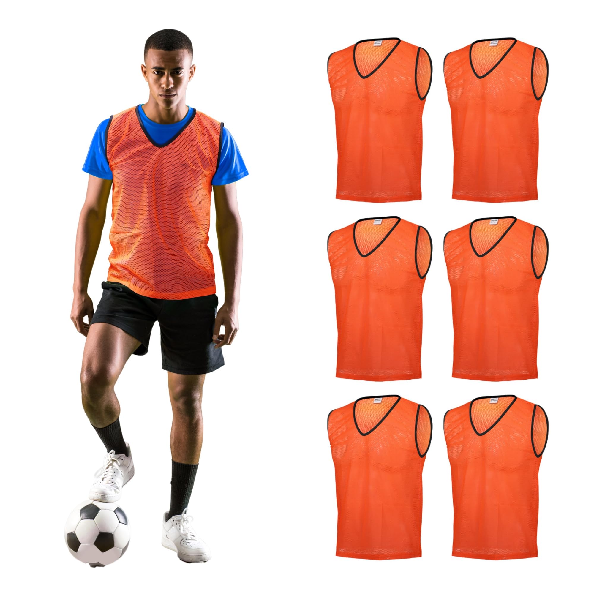 GSi Training Pinnies for Soccer, Basketball, Football (Pack of 6) Mesh Scrimmage Vests for Youth & Adults - Breathable Practice Jerseys (Orange)