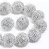 Dowarm 16MM White Rhinestone Beads for Crafting, Round Polymer Clay Crystal Beads for Jewelry Making Bracelet Necklace Earring Beaded Pen, Fancy Shamballa Pave Disco Ball Diamond Chunky Bead, 20PCS