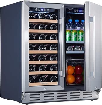 Under Counter Wine and Beverage Refrigerator, Kalamera 30 inch Wine Cooler Refrigerator – 2-in-1 Wine Refrigerator for 33 Bottles and 104 Cans – Built in Beverage Refrigerator w/ 40-66℉ &amp; 32-41℉ Temperature Range for Kitchen, Bar, Home – Glass Door and Stainless Steel Door Wine Fridge