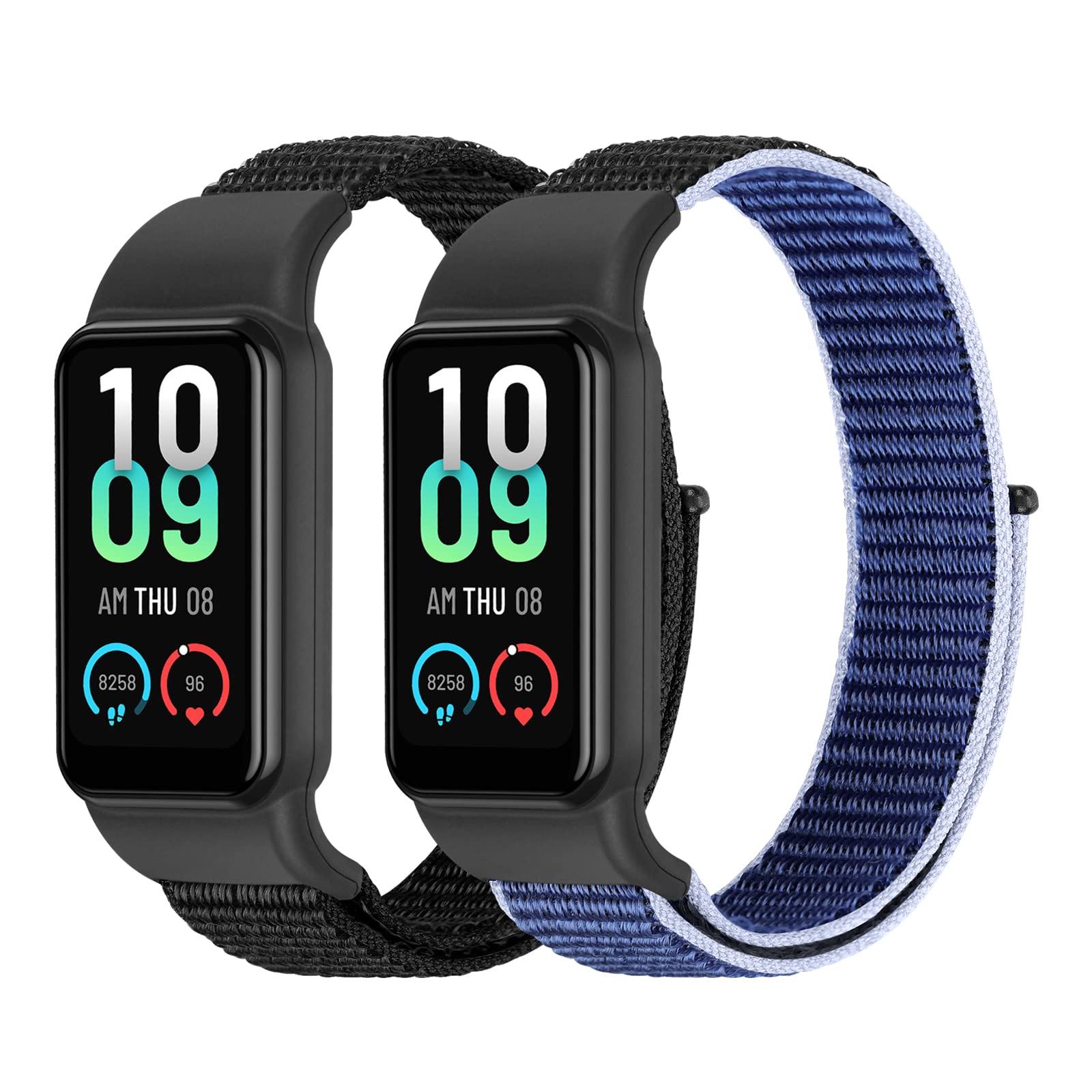 Tiptops Straps Compatible for Amazfit Band 7 Band, 2 Pack Breathable Comfortable Braided Adjustable Nylon Sport Solo Loop Replacement Wristband Women Men, DarkBlack+NewmidnightblueBlack