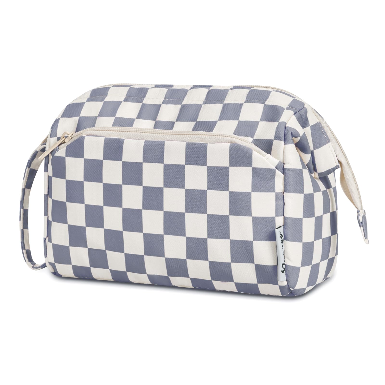 Narwey Large Makeup Bag Wide-Open Zipper Pouch Travel Cosmetic Organizer for Women (Greyish Blue Checkerboard)