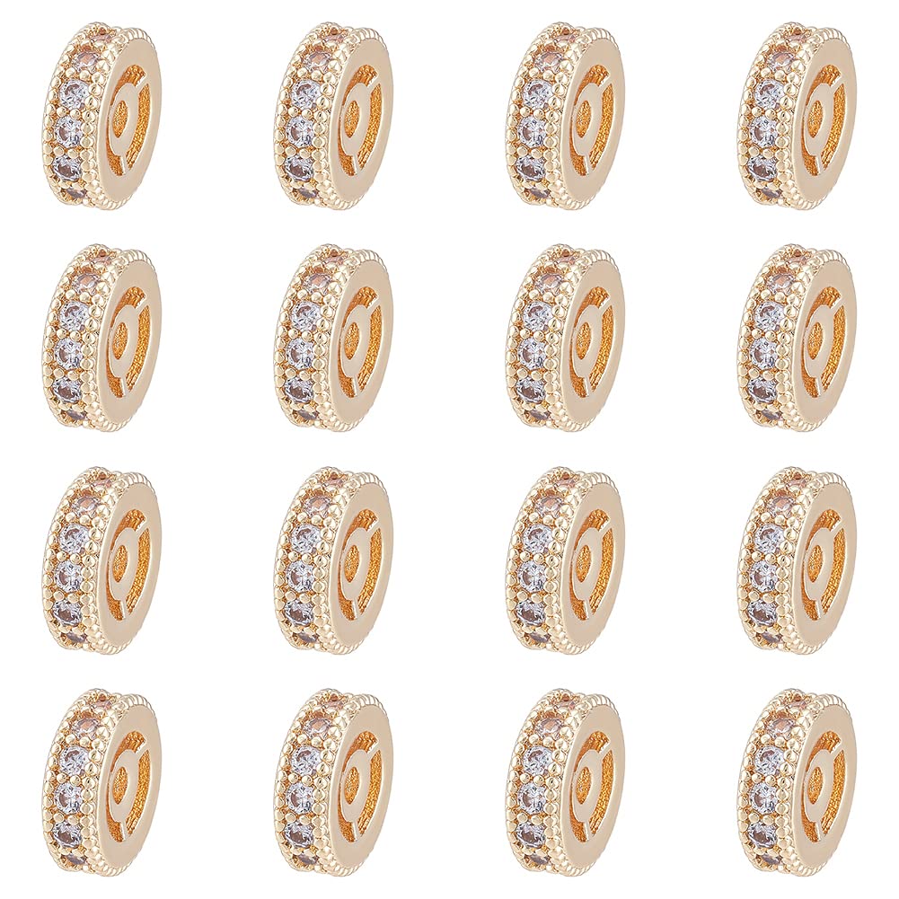 DICOSMETIC 16Pcs Brass Cubic Zirconia Spacer Beads, 14K Gold Plated, Flat Round, Micro Pave, Clear CZ, Wheel, Rhinestone, Loose Beads for Bracelets Necklace Jewelry Making, Hole: 1.6mm
