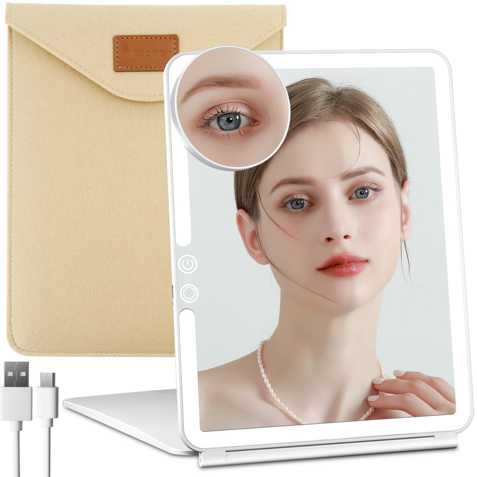 Photo 1 of FUNTOUCH Large Rechargeable Travel Makeup Mirror with Light, Portable Makeup Mirror with 10X Magnifying Mirror 3 Lighting Modes, Dimmable Touch Screen, Tabletop Folding Travel Mirror with Storage Bag