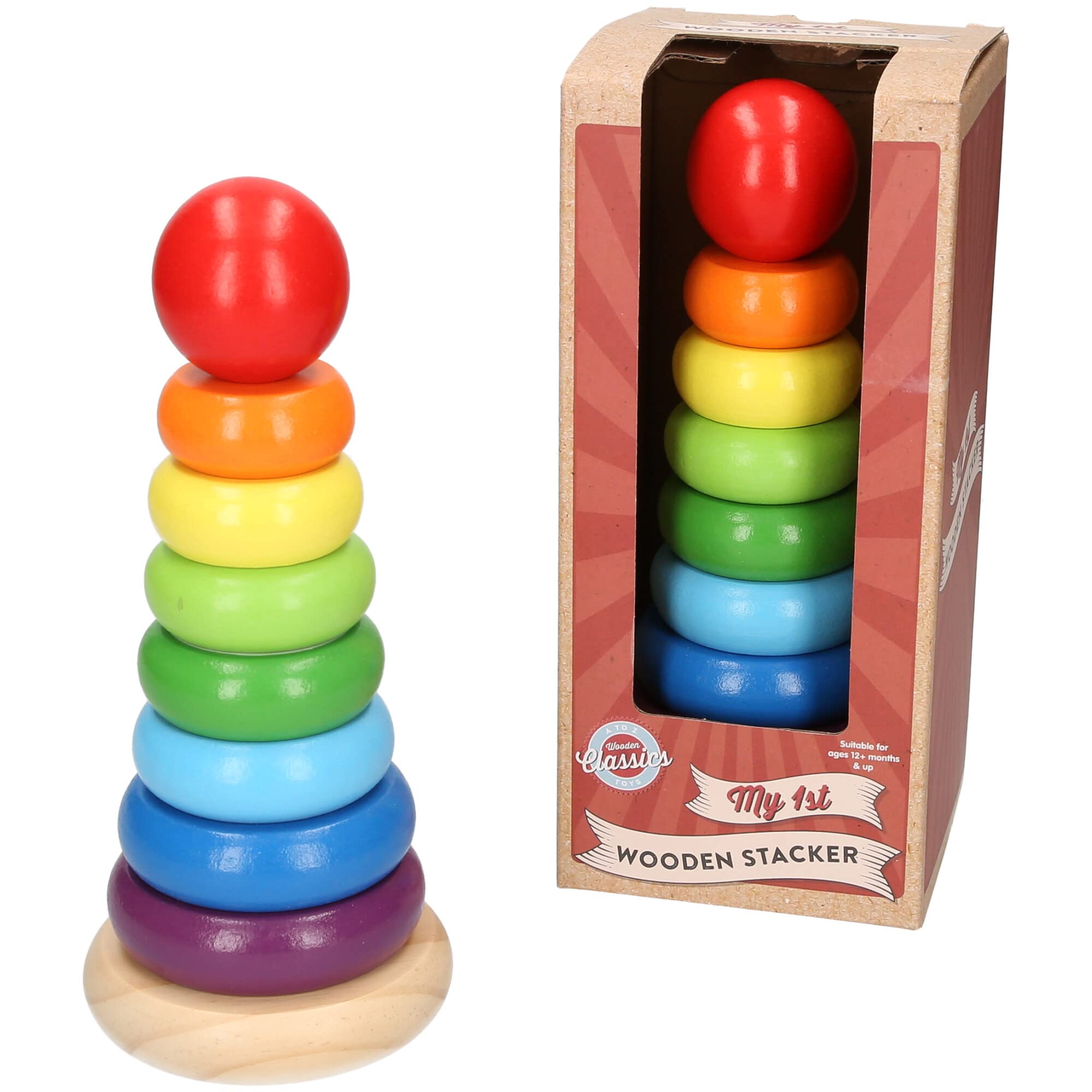 My 1st Wooden Rainbow Stacker Toy, Classic Ring Tower for Ages 12+ Months, 8 Colourful Rings, Red