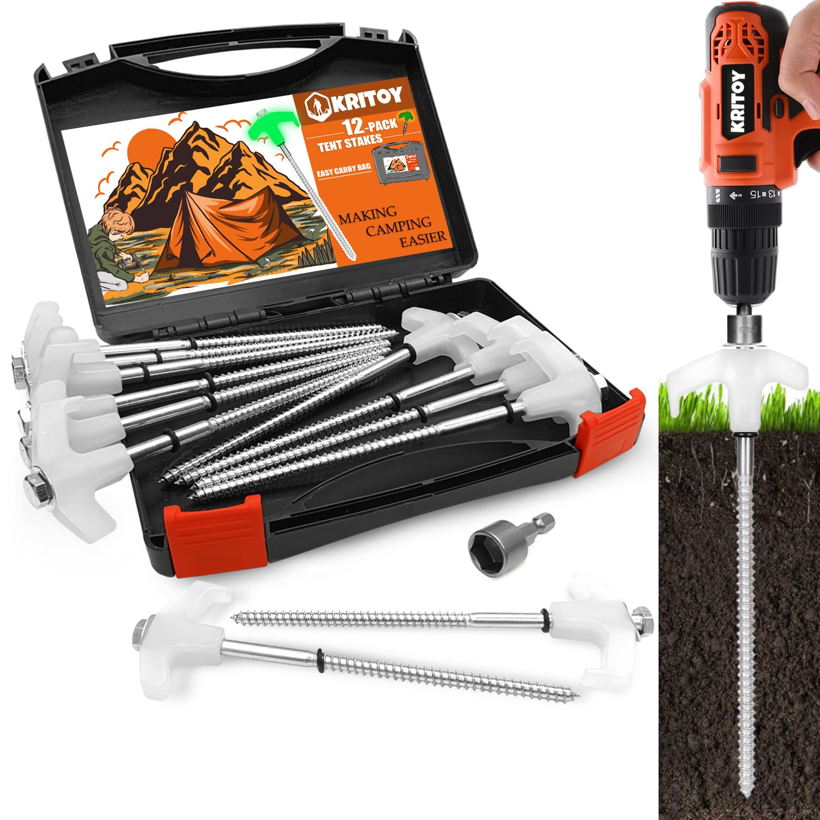 Photo 1 of 12 Pack Tent Stakes Heavy Duty - 8" Ground Anchors Screw in - Camping Stakes with Grow in The Dark Heads - Metal Threaded Tent Spikes with Hex Head Driver and Storage Box