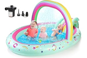 SULIFEEL Rainbow Unicorn Inflatable Play Center Kiddie Pool with Slide and Sprinkler for Children, 96''x59''x39''in Baby Pool for Backyard and Garden, Free Inflatable Pump