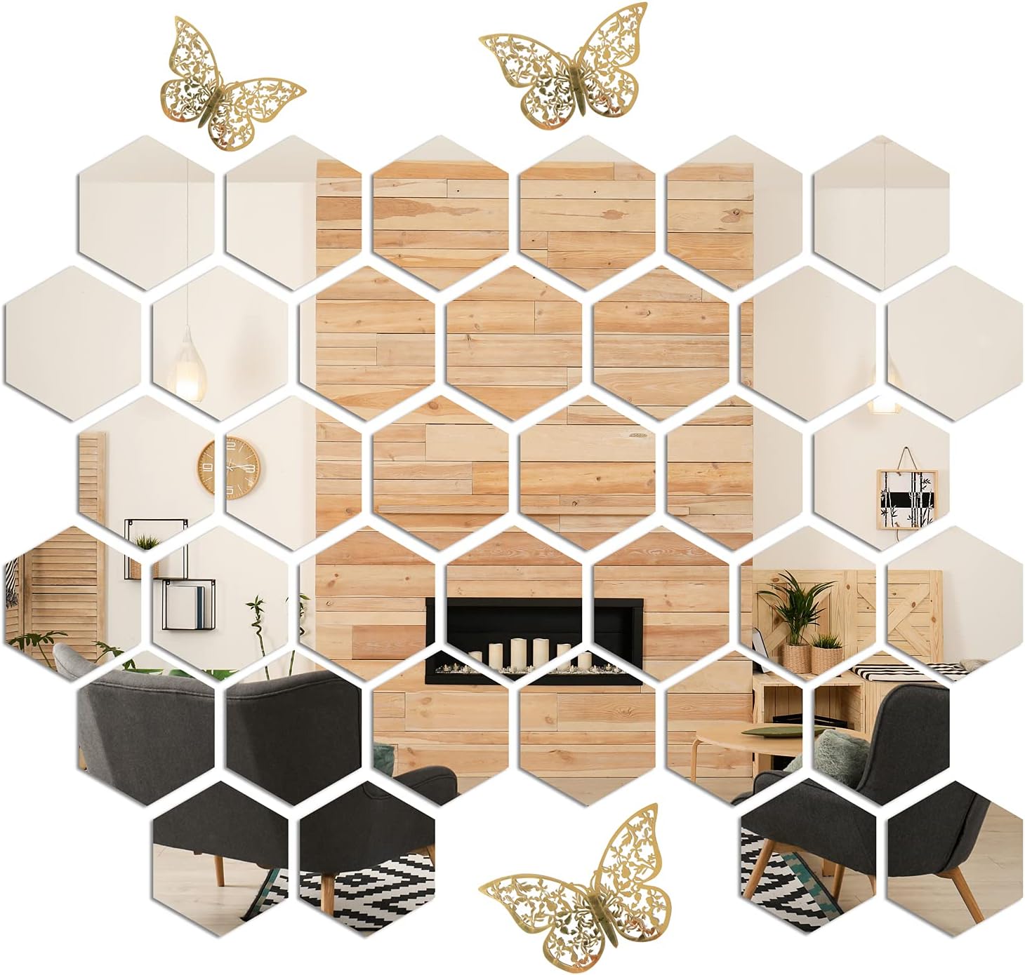 Mirror Wall Stickers,36pcs Removable Acrylic Mirror Stickers,Hexagon Mirror Tiles Wall Decor for Home Living Room Mirror Decor,with 3pcs 3D Gold Butterfly Wall Decor(4 x 3.4 x 2 in)