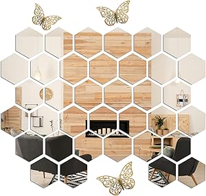Mirror Wall Stickers,36pcs Removable Acrylic Mirror Stickers,Hexagon Mirror Tiles Wall Decor for Home Living Room Mirror Decor,with 3pcs 3D Gold Butterfly Wall Decor(4 x 3.4 x 2 in)