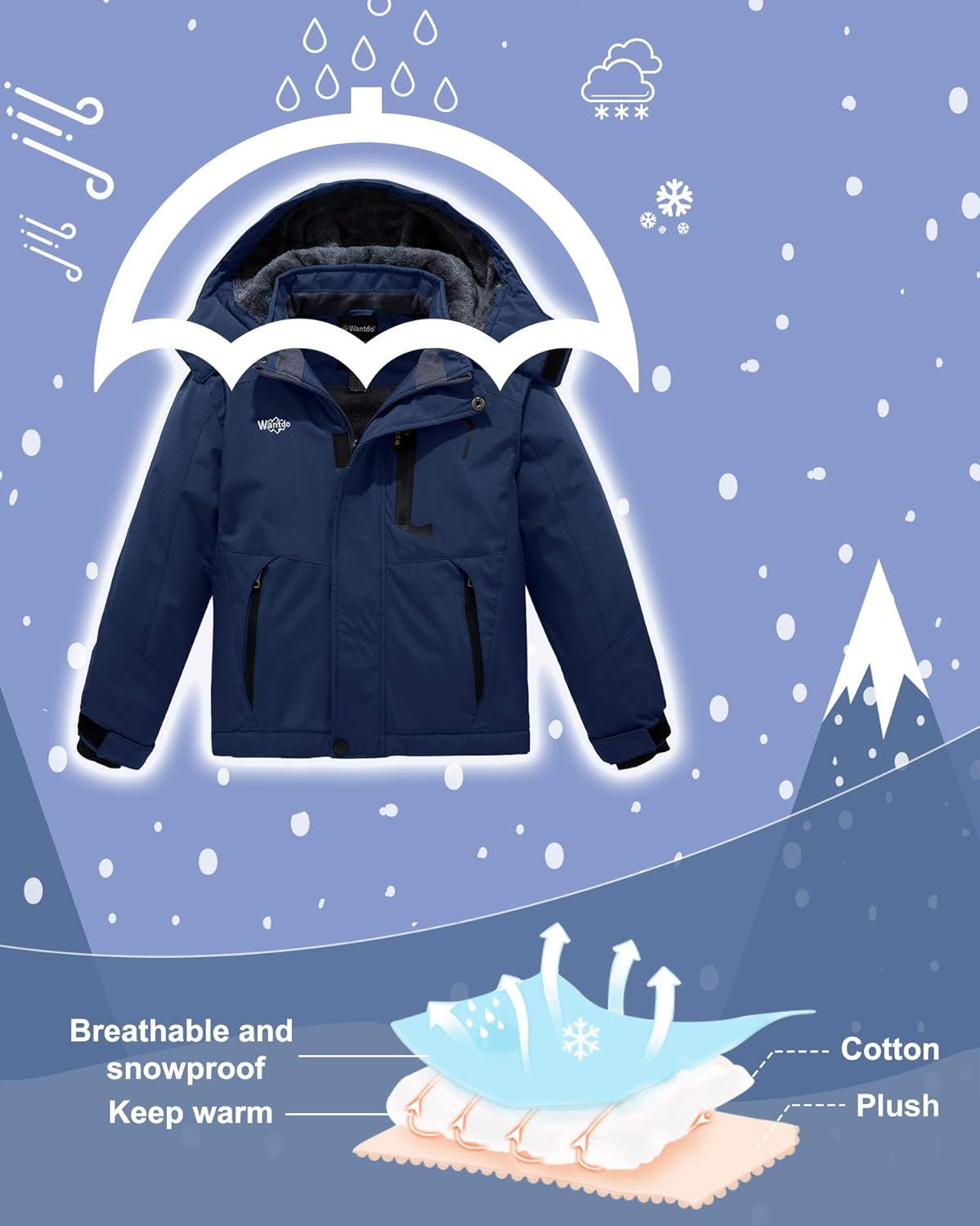 Wantdo Boy's Waterproof Ski Jacket Mountain Fleece Snow Coat Thicken Winter Coats Hooded Raincoats: Clothing