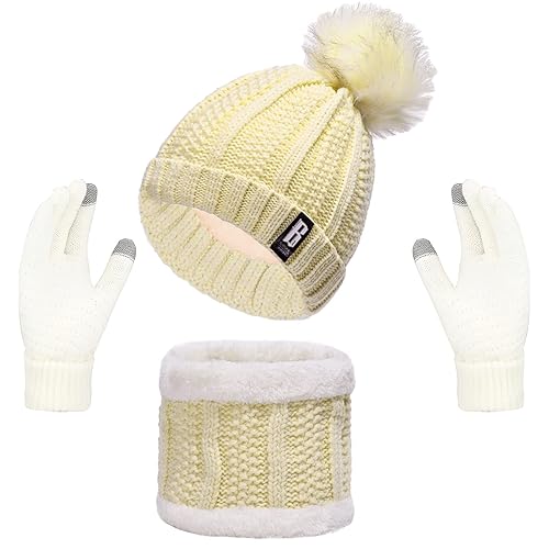 Alviller Women Knitted Hat Scarf Gloves Set, 3Pcs Winter Cold Weather Set with Knit Beanie Cap Touch Screen Gloves Circle Neck Scarf for Adults Sports Outdoor