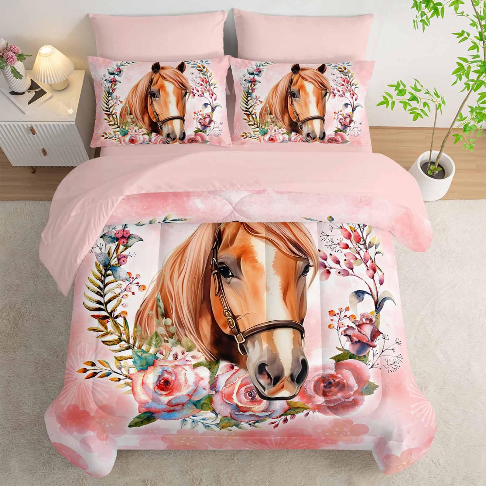 Photo 1 of AILONEN Beautiful Horse Comforter Set Queen Size,7-Piece Horse with Floral Hoop Bed in a Bag for Kids Girls,Kawaii Animal Comforter & Fitted Sheet & Flat Sheet & 2 Pillowcases,Pink Soft Microfiber